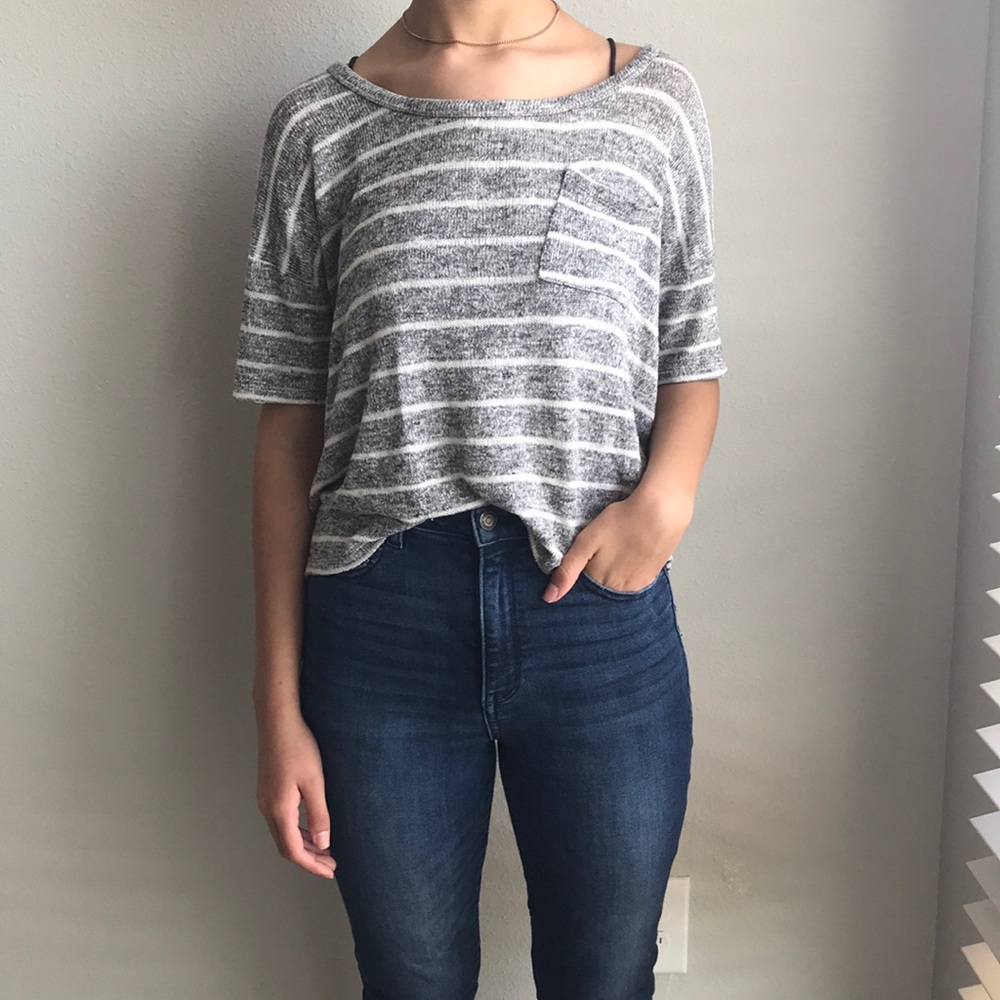 Grey and White Striped Top with Pocket